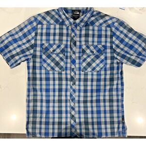 North Face Adult M Blue Plaid Short Sleeve Snap Button‎ Up Outdoor Mens Pockets